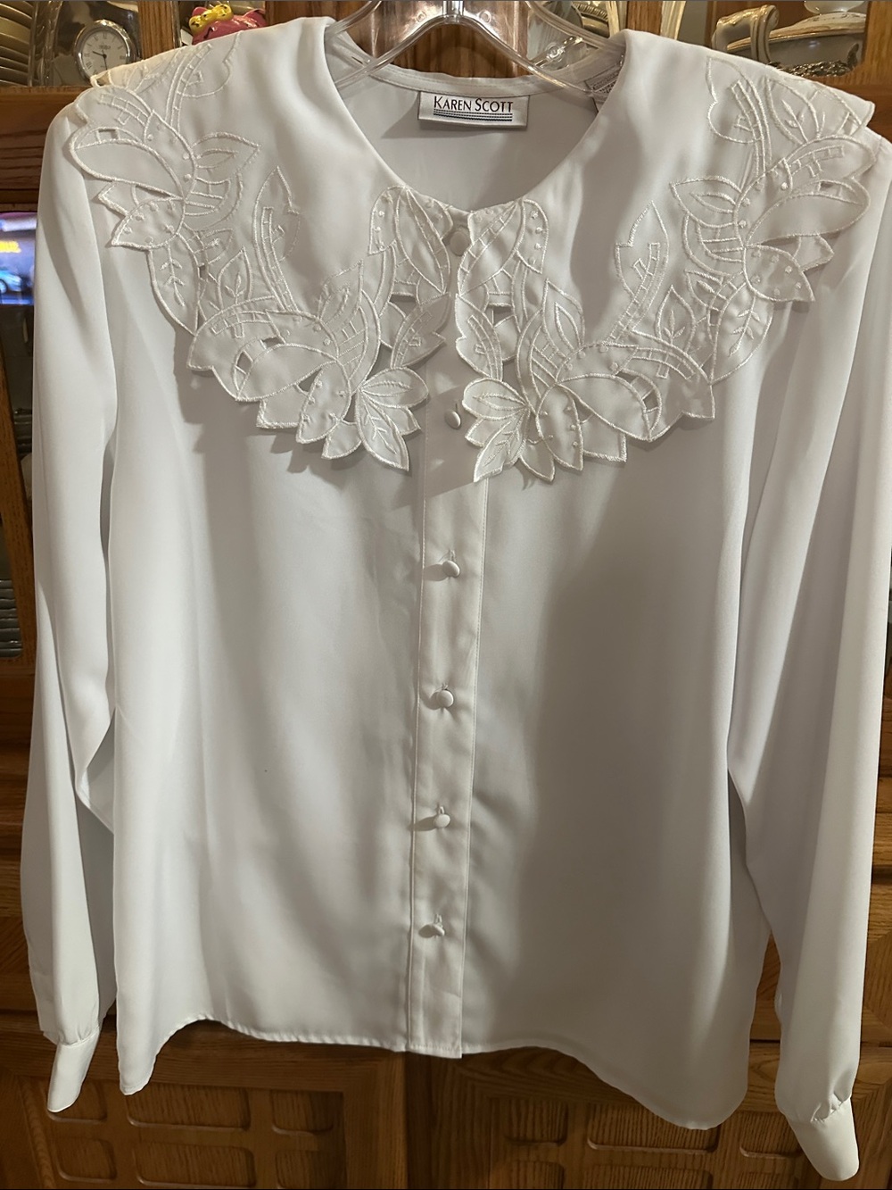 Karen Scott White Button-Front Blouse with Embroidered Scallop Collar